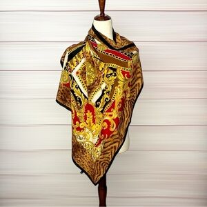 Italy Silk Scarf Baroque Chain Leopard Print Red Gold Square Hand Rolled 34x34"